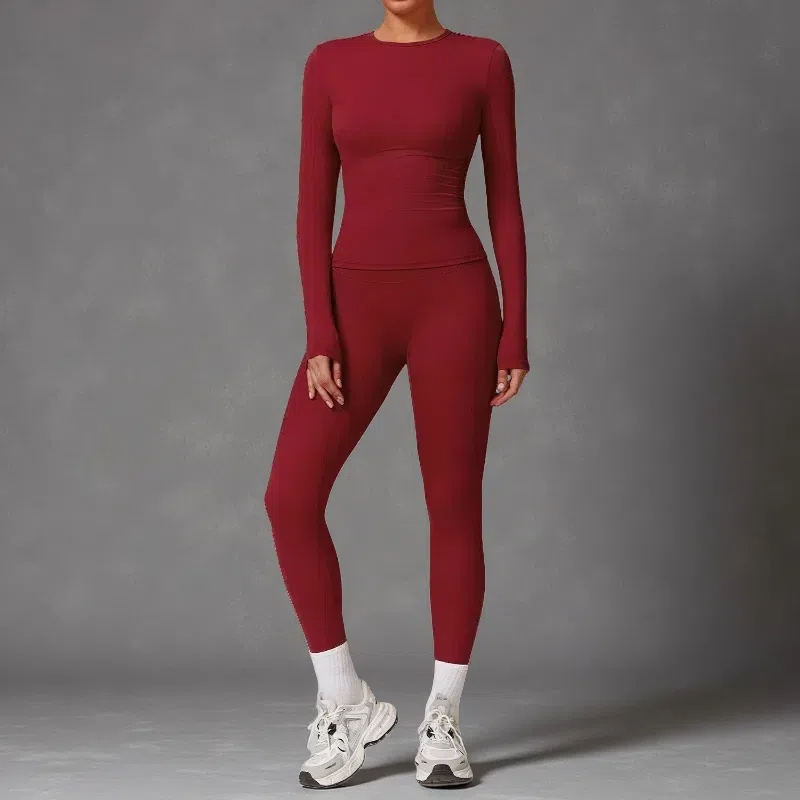 Tight-Fitting Brushed Yoga Set – Quick-Drying Fitness Long Sleeve & High Waist Leggings for Women Cherry Red