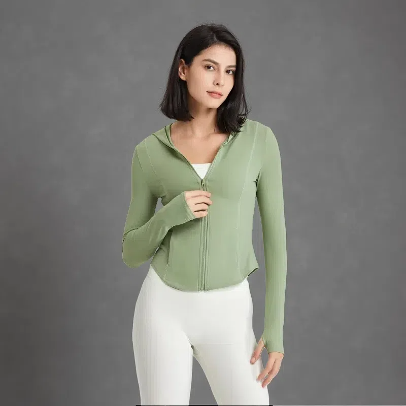 Women's Hooded Running Top – Lightweight Zip-Up Workout Jacket Sage Green