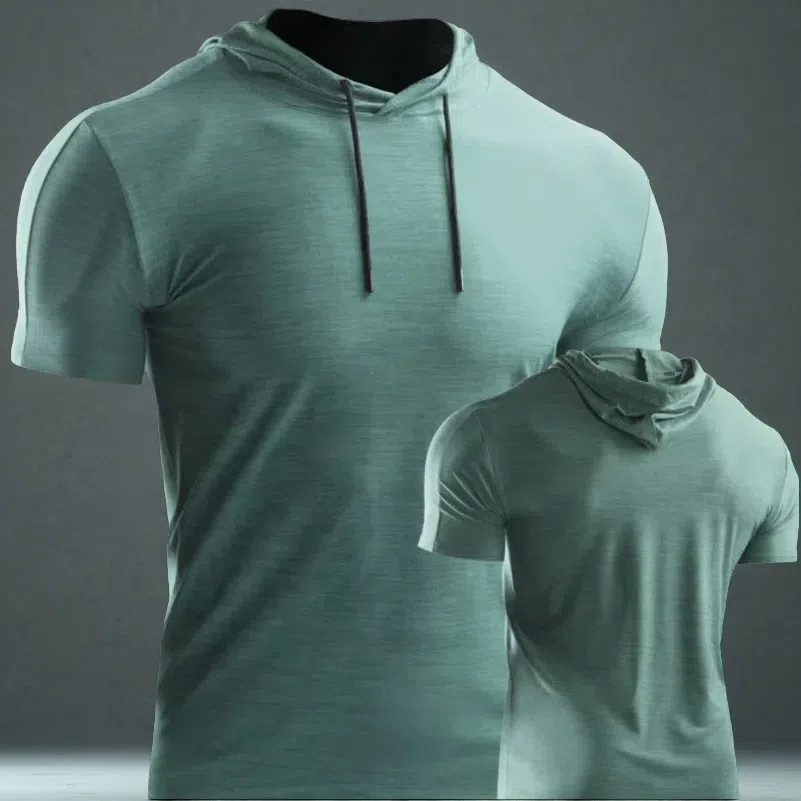 Men’s Muscle Hooded Short Sleeve T-Shirt – Slim Fit Striped Sports & Leisure Top Green B