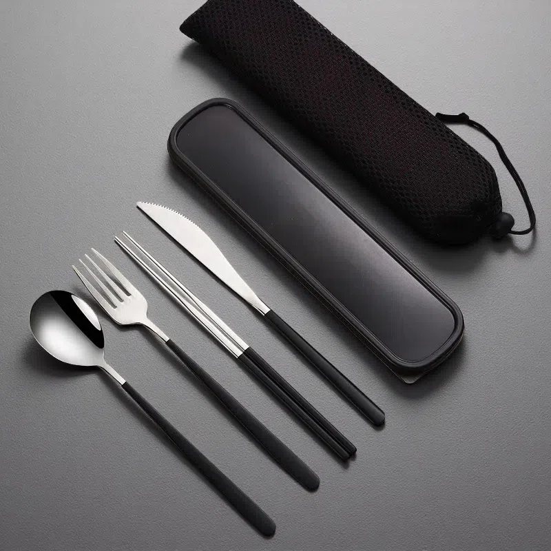 304 Stainless Steel Dinnerware Set – Portable Gold Flatware with Travel Case Silver black