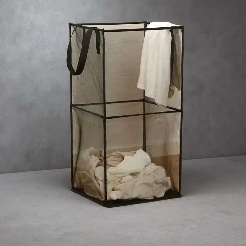 Foldable Square Grid Laundry Basket – Multifunctional Storage with Modern Design Black Double Layers