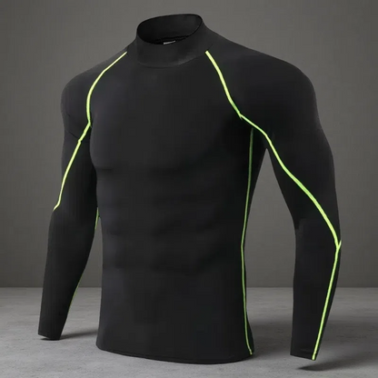 Men’s Turtleneck Quick-Dry Workout Long Sleeve – Slim Fit Pullover for All Seasons Green Line