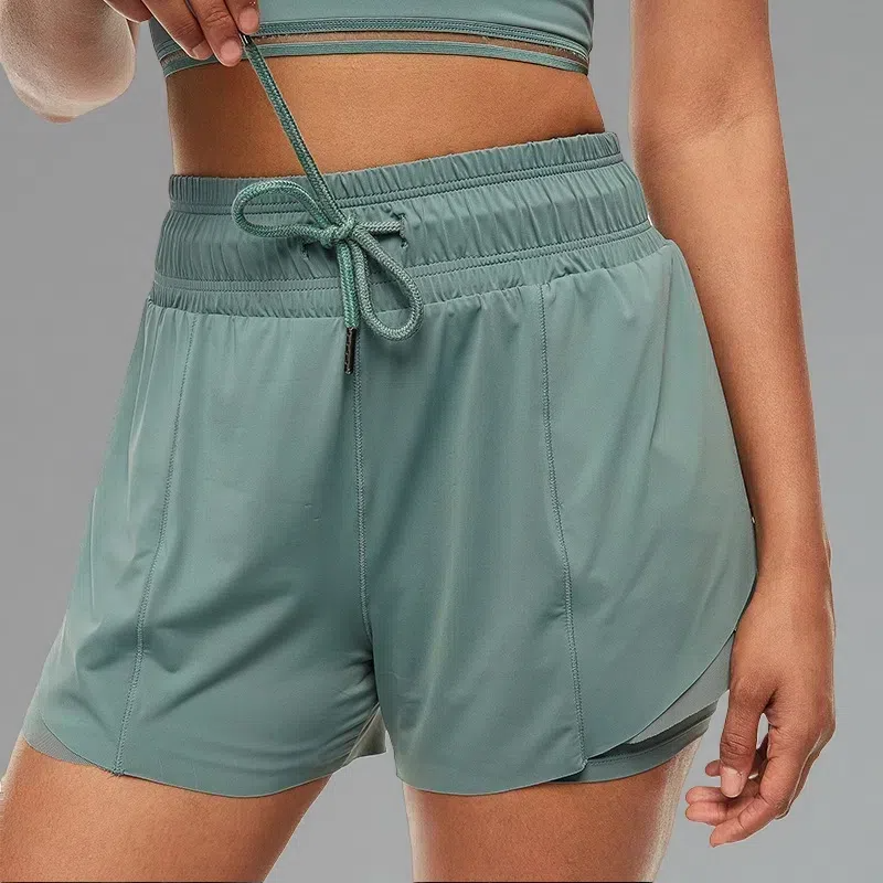 Women's Fake Two-Piece Fitness Shorts – Anti-Glare Running & Yoga Lined Shorts