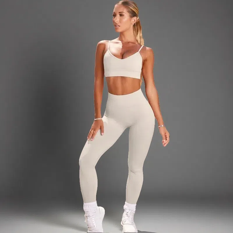 Sport Crop Top T-Shirt + Leggings Set – Push-Up Fitness Gym Suit Beige