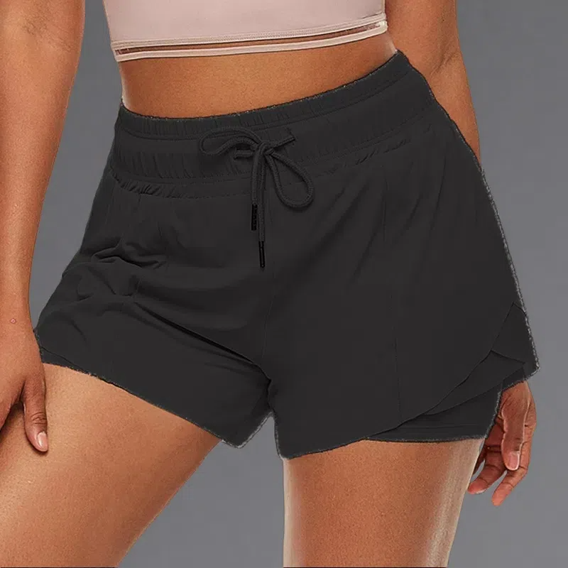 Women's Fake Two-Piece Fitness Shorts – Anti-Glare Running & Yoga Lined Shorts Black