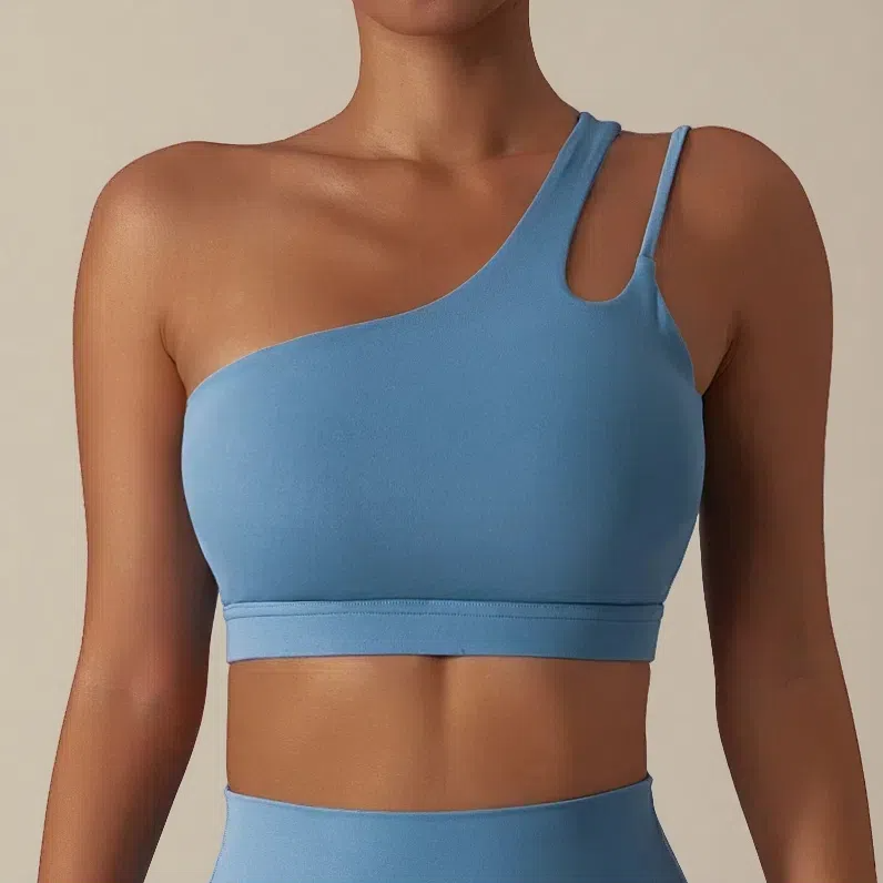 Irregular Strap One Shoulder Yoga Bra – Shockproof & Stylish Support for Active Women