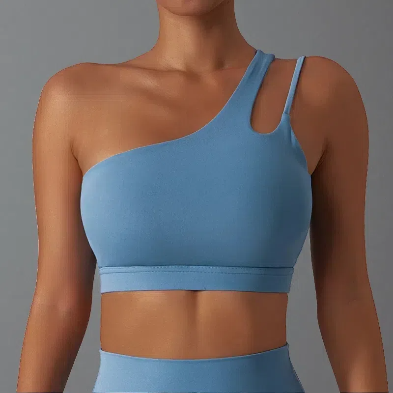 Irregular Strap One Shoulder Yoga Bra – Shockproof & Stylish Support for Active Women Light grey blue