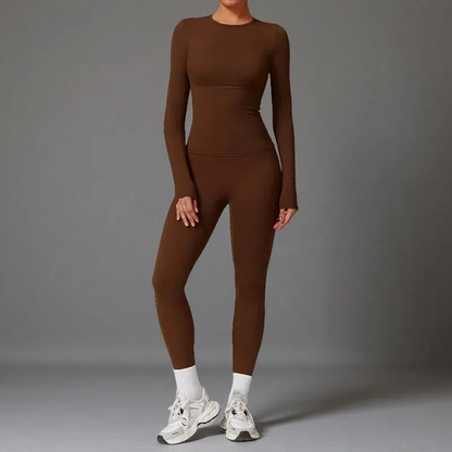 Tight-Fitting Brushed Yoga Set – Quick-Drying Fitness Long Sleeve & High Waist Leggings for Women Chocolate Brown