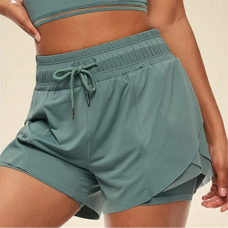 Women's Fake Two-Piece Fitness Shorts – Anti-Glare Running & Yoga Lined Shorts