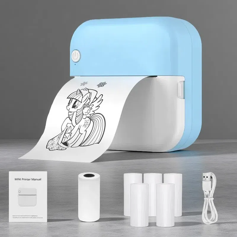 Mini Thermal Label Printer – Compact USB Sticker Printer for Students & Home Use Blue 5 Rolls Printing Paper