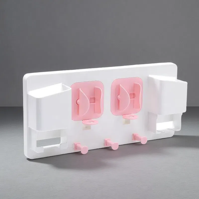 Wall-Mounted Electric Toothbrush Holder – Dual Slot Design with Storage Hook Pink