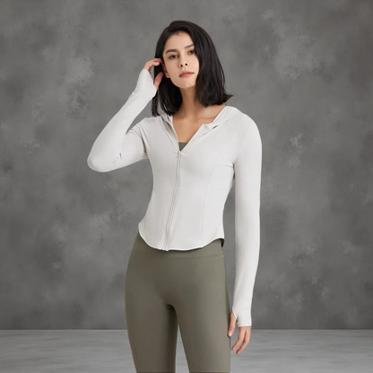 Women's Hooded Running Top – Lightweight Zip-Up Workout Jacket Rock White