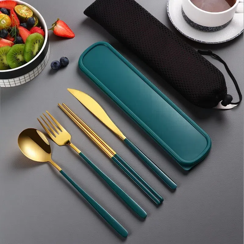 304 Stainless Steel Dinnerware Set – Portable Gold Flatware with Travel Case Gold dark green