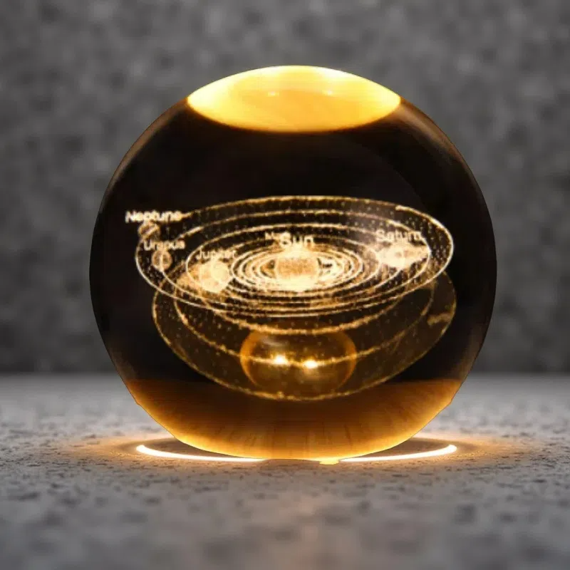 Luminous Crystal Ball Projection Ambience Light – Cartoon Style Wooden Base with Warm USB-Powered Glow Solar system