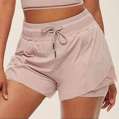 Women's Fake Two-Piece Fitness Shorts – Anti-Glare Running & Yoga Lined Shorts