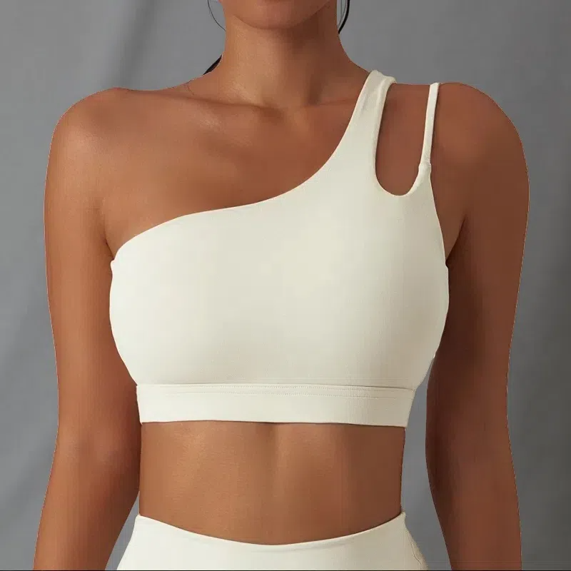 Irregular Strap One Shoulder Yoga Bra – Shockproof & Stylish Support for Active Women Apricot