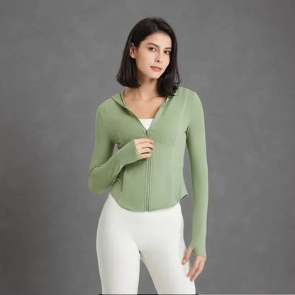 Women's Hooded Running Top – Lightweight Zip-Up Workout Jacket Sage Green