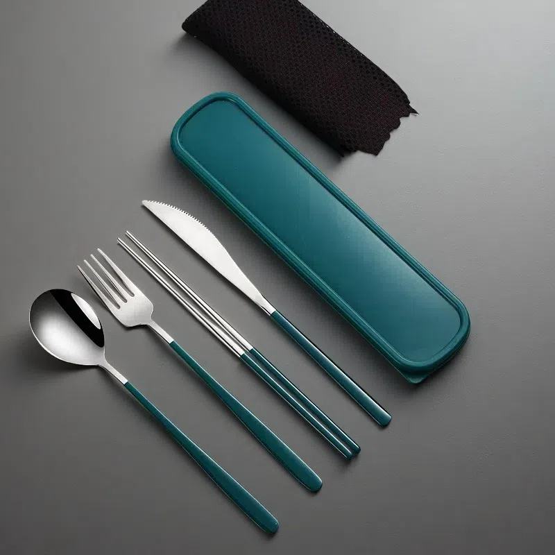 304 Stainless Steel Dinnerware Set – Portable Gold Flatware with Travel Case Silver dark green