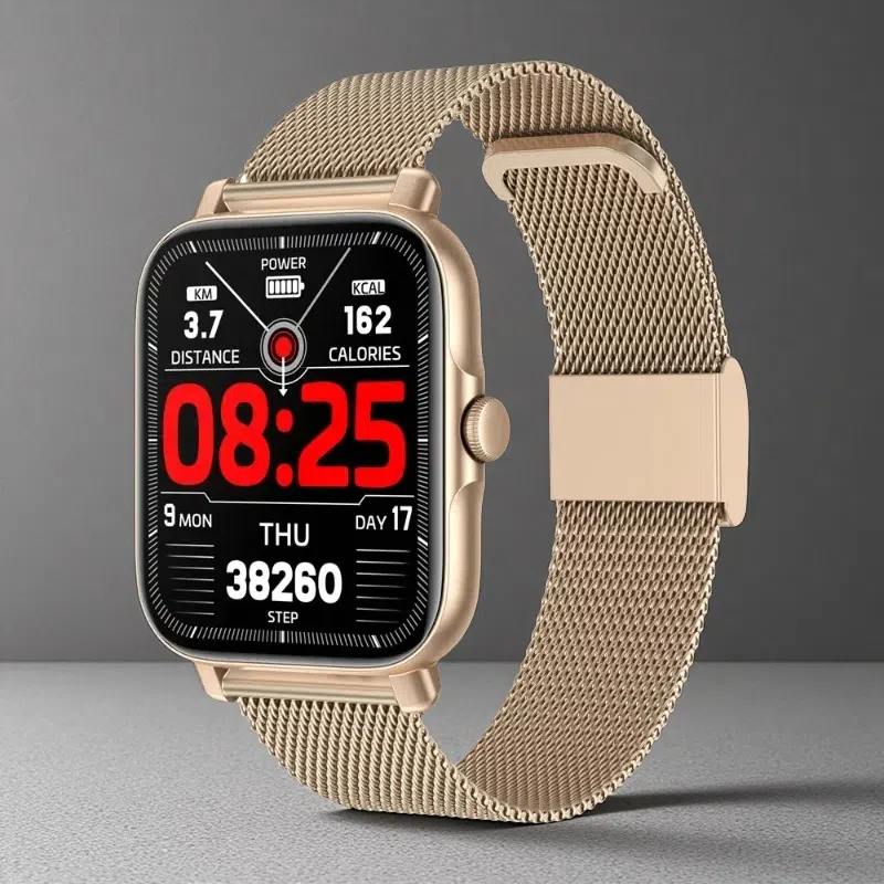 Magnetic Charging Smartwatch – Bluetooth Calling, Stylish Steel Design Gold Steel