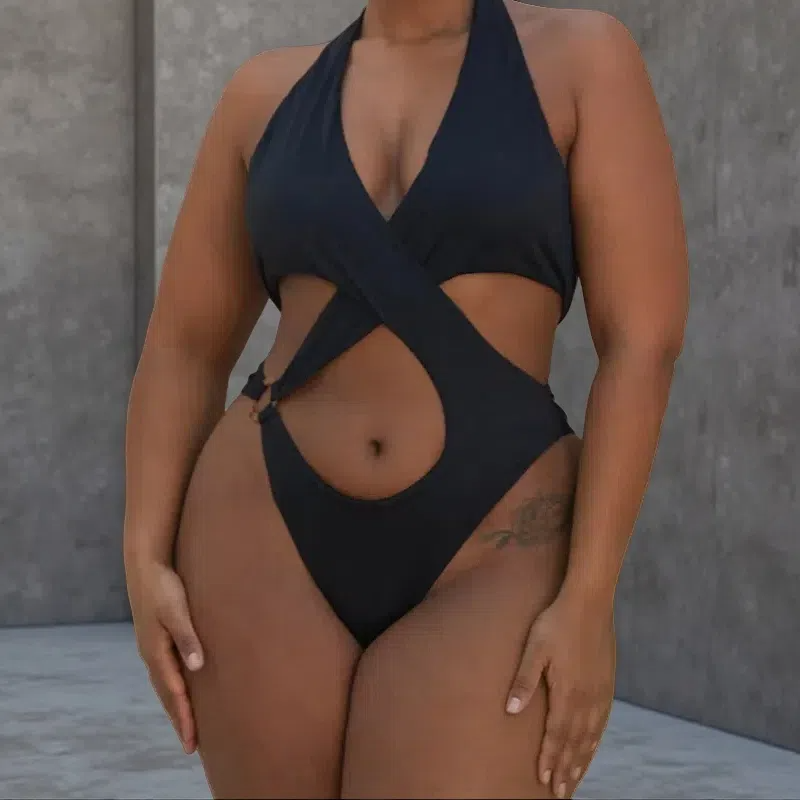 European & American Cross-Cut One-Piece Swimsuit – Sexy Solid Color Halter Design