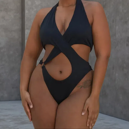 European & American Cross-Cut One-Piece Swimsuit – Sexy Solid Color Halter Design