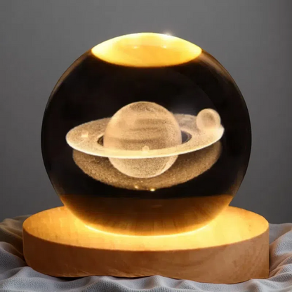 Luminous Crystal Ball Projection Ambience Light – Cartoon Style Wooden Base with Warm USB-Powered Glow Saturn