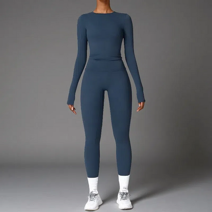 Tight-Fitting Brushed Yoga Set – Quick-Drying Fitness Long Sleeve & High Waist Leggings for Women Badge Blue
