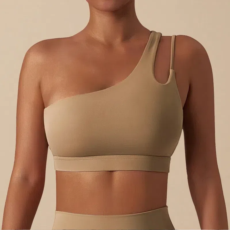Irregular Strap One Shoulder Yoga Bra – Shockproof & Stylish Support for Active Women