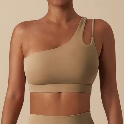Irregular Strap One Shoulder Yoga Bra – Shockproof & Stylish Support for Active Women