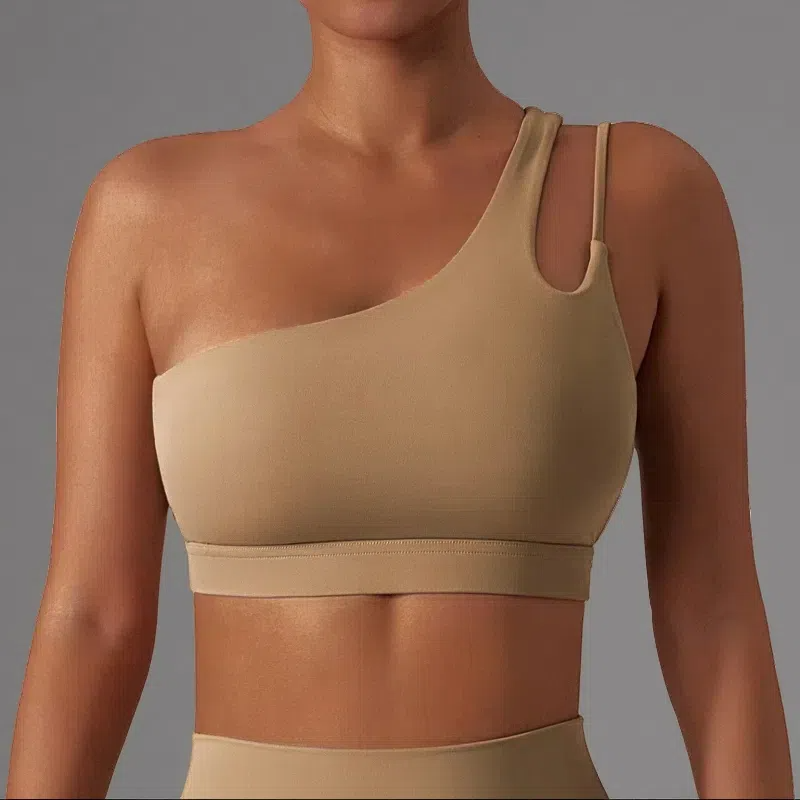 Irregular Strap One Shoulder Yoga Bra – Shockproof & Stylish Support for Active Women Brown