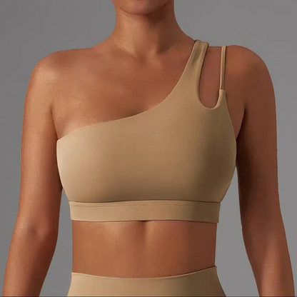 Irregular Strap One Shoulder Yoga Bra – Shockproof & Stylish Support for Active Women Brown