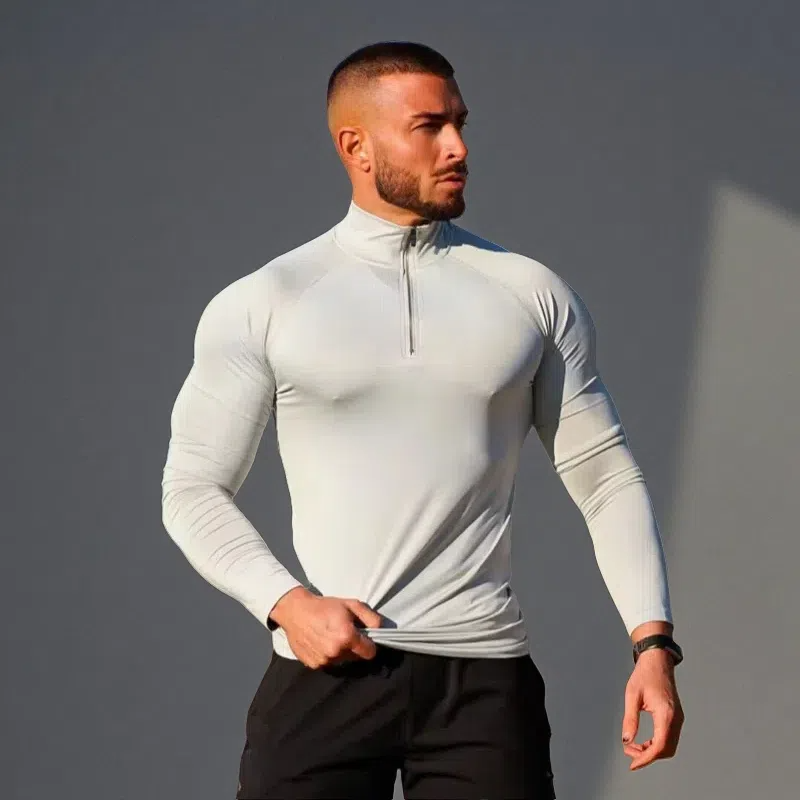 Men’s Quick-Dry Fitness T-Shirt – Long Sleeve Half-Zip Compression Top Milky White