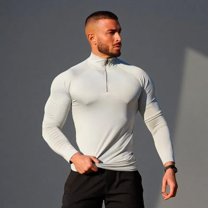 Men’s Quick-Dry Fitness T-Shirt – Long Sleeve Half-Zip Compression Top Milky White