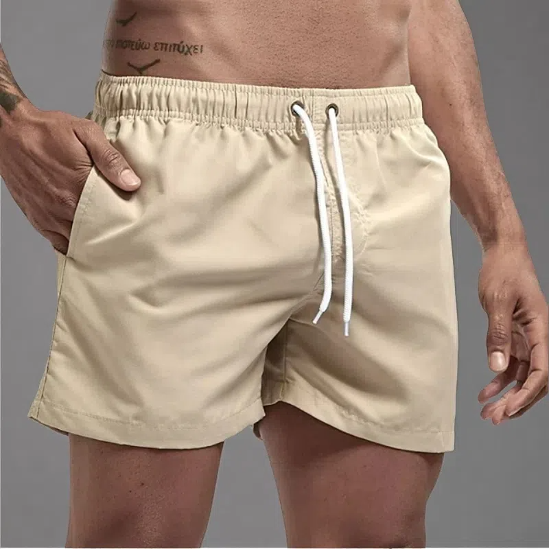 Casual Candy-colored Men's Beach Shorts – Comfortable Medium Elasticity Summer Wear Khaki