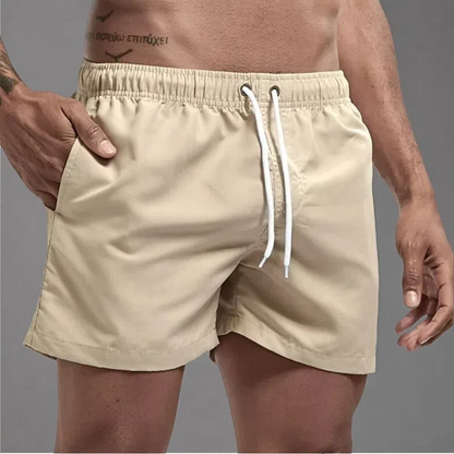Casual Candy-colored Men's Beach Shorts – Comfortable Medium Elasticity Summer Wear Khaki