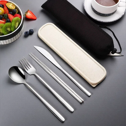 304 Stainless Steel Dinnerware Set – Portable Gold Flatware with Travel Case Silver