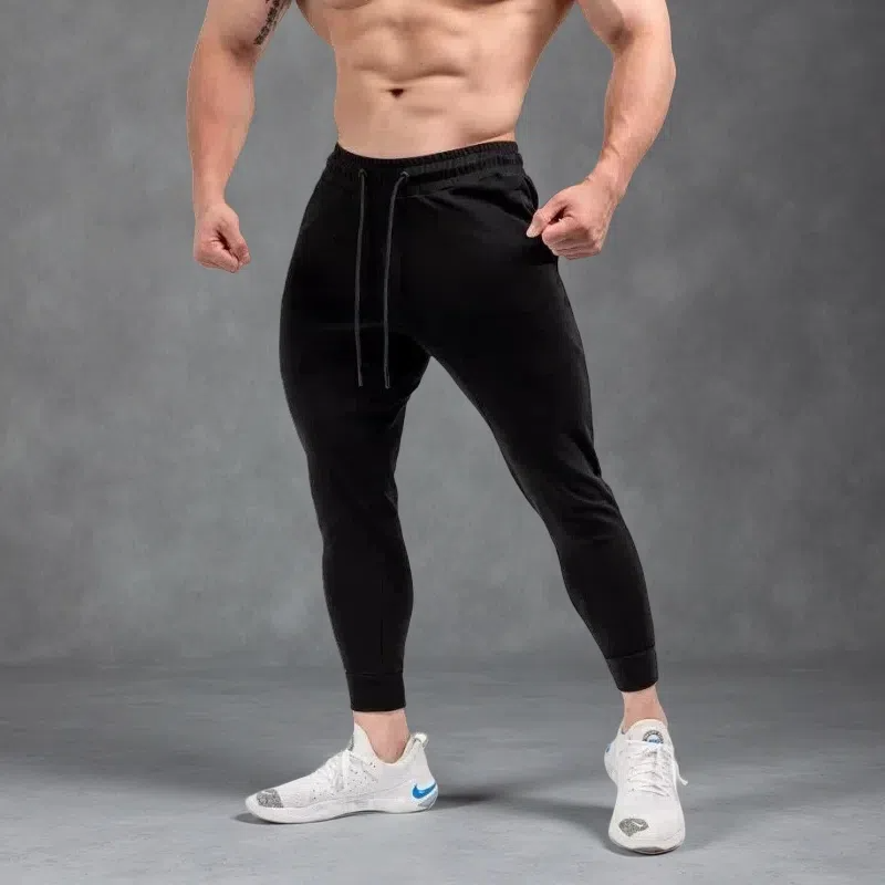Men’s Slim-fit Muscle Cropped Leg Pants – Cotton Workout Trousers Black