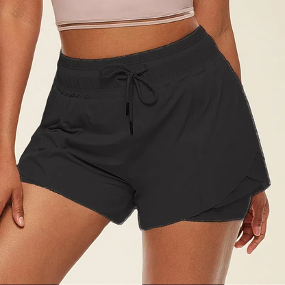Women's Fake Two-Piece Fitness Shorts – Anti-Glare Running & Yoga Lined Shorts