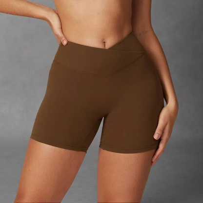 Cross High Waist Workout Shorts for Women – Breathable Fitness & Running Shorts Light Brown