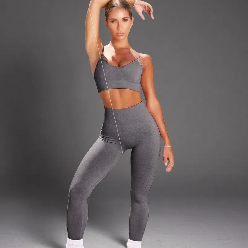 Sport Crop Top T-Shirt + Leggings Set – Push-Up Fitness Gym Suit Gray