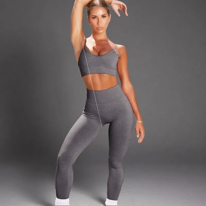 Sport Crop Top T-Shirt + Leggings Set – Push-Up Fitness Gym Suit Gray
