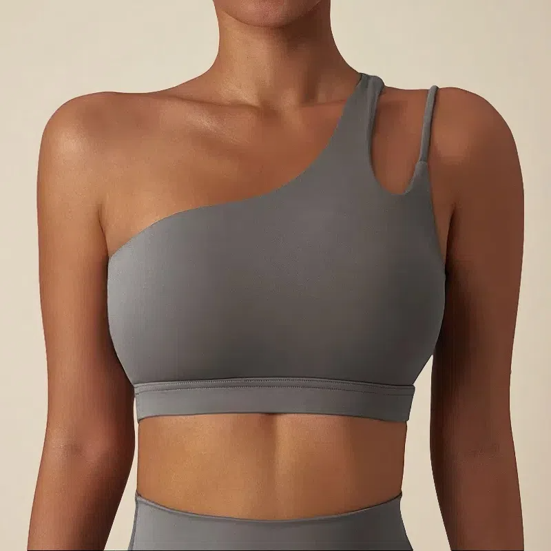 Irregular Strap One Shoulder Yoga Bra – Shockproof & Stylish Support for Active Women