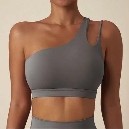 Irregular Strap One Shoulder Yoga Bra – Shockproof & Stylish Support for Active Women