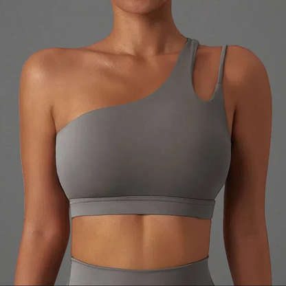 Irregular Strap One Shoulder Yoga Bra – Shockproof & Stylish Support for Active Women Grey