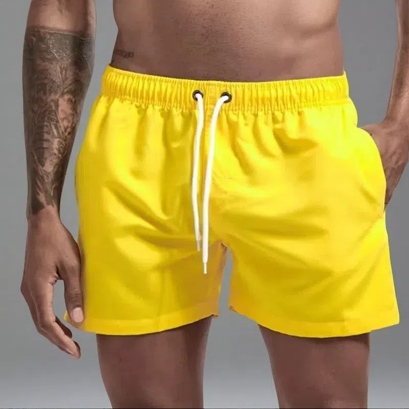 Casual Candy-colored Men's Beach Shorts – Comfortable Medium Elasticity Summer Wear Yellow