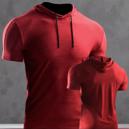 Men’s Muscle Hooded Short Sleeve T-Shirt – Slim Fit Striped Sports & Leisure Top Red B