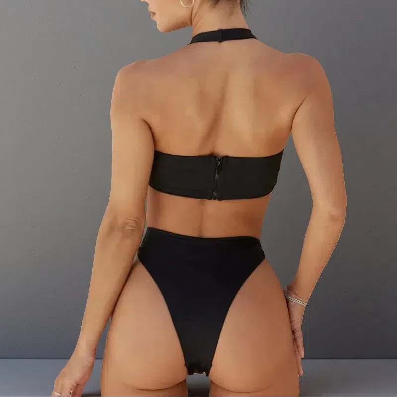 European & American Cross-Cut One-Piece Swimsuit – Sexy Solid Color Halter Design