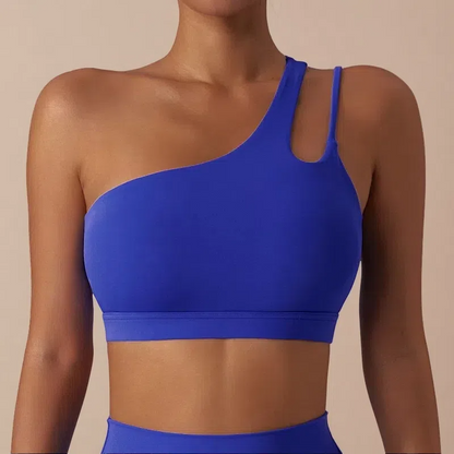 Irregular Strap One Shoulder Yoga Bra – Shockproof & Stylish Support for Active Women