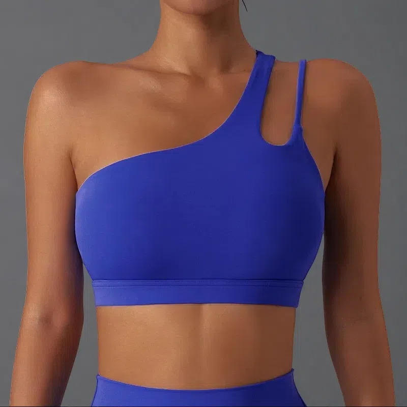 Irregular Strap One Shoulder Yoga Bra – Shockproof & Stylish Support for Active Women Blue