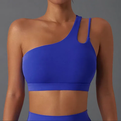 Irregular Strap One Shoulder Yoga Bra – Shockproof & Stylish Support for Active Women Blue